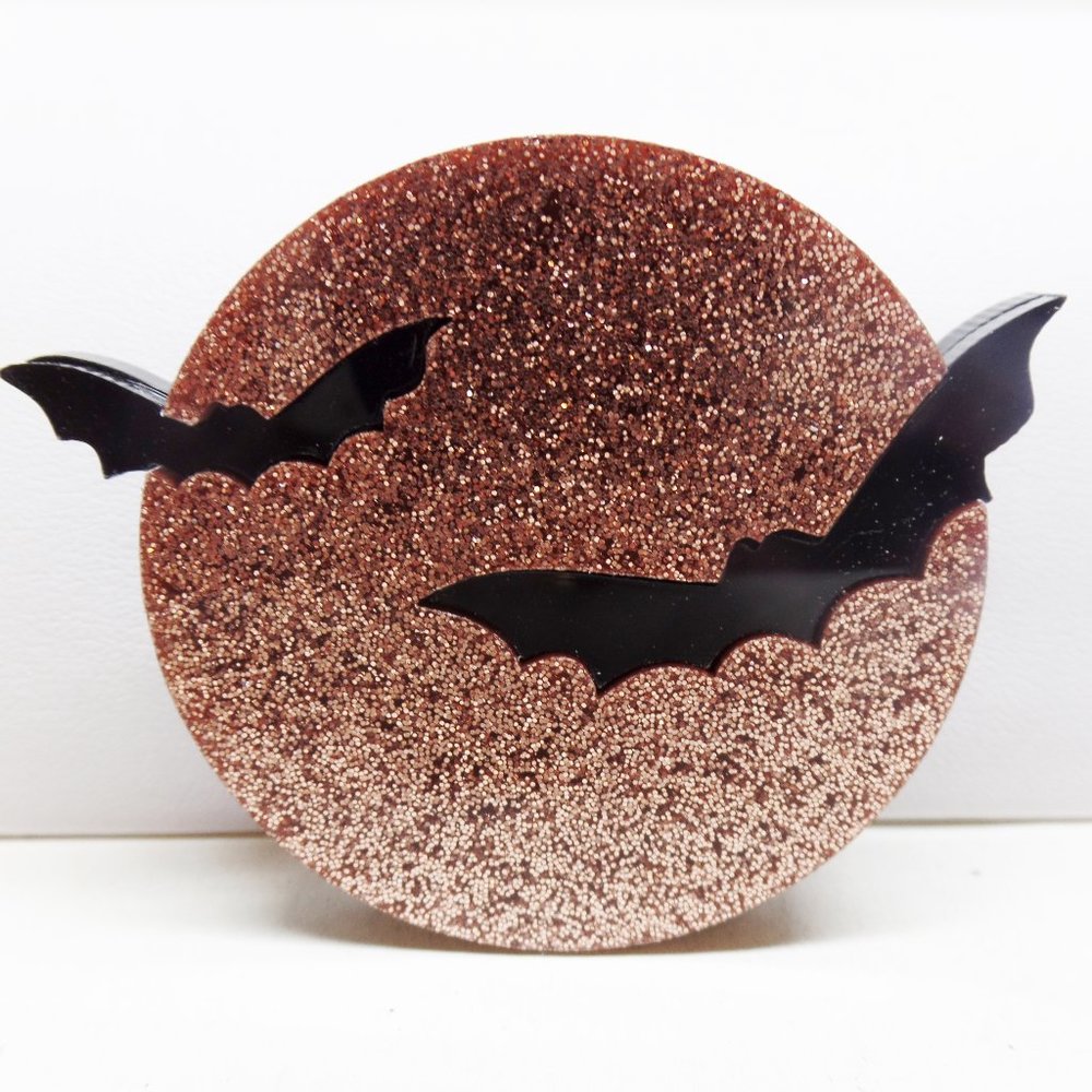 Glitter Acrylic Bats in Moon Brooch